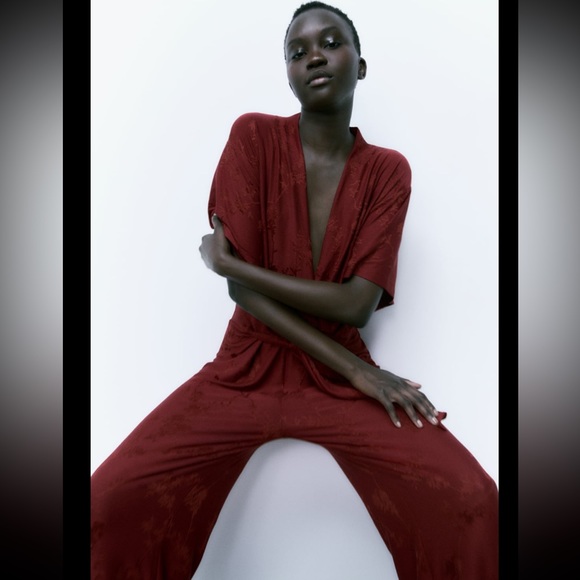 Zara Burgundy Jacquard Jumpsuit - Picture 3 of 8